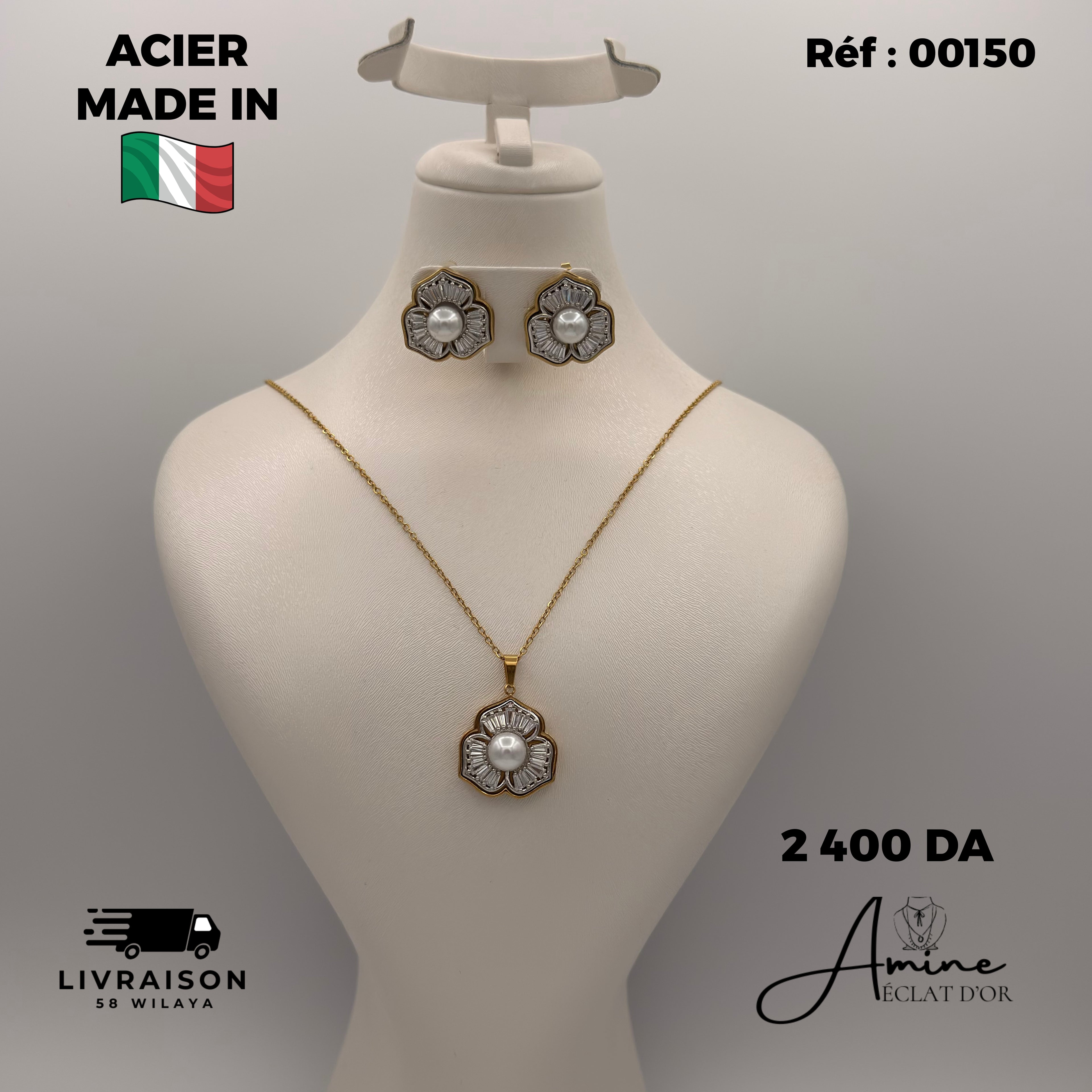 Collier et Boucles D'Oreilles Italien en Acier | Ref: 00150