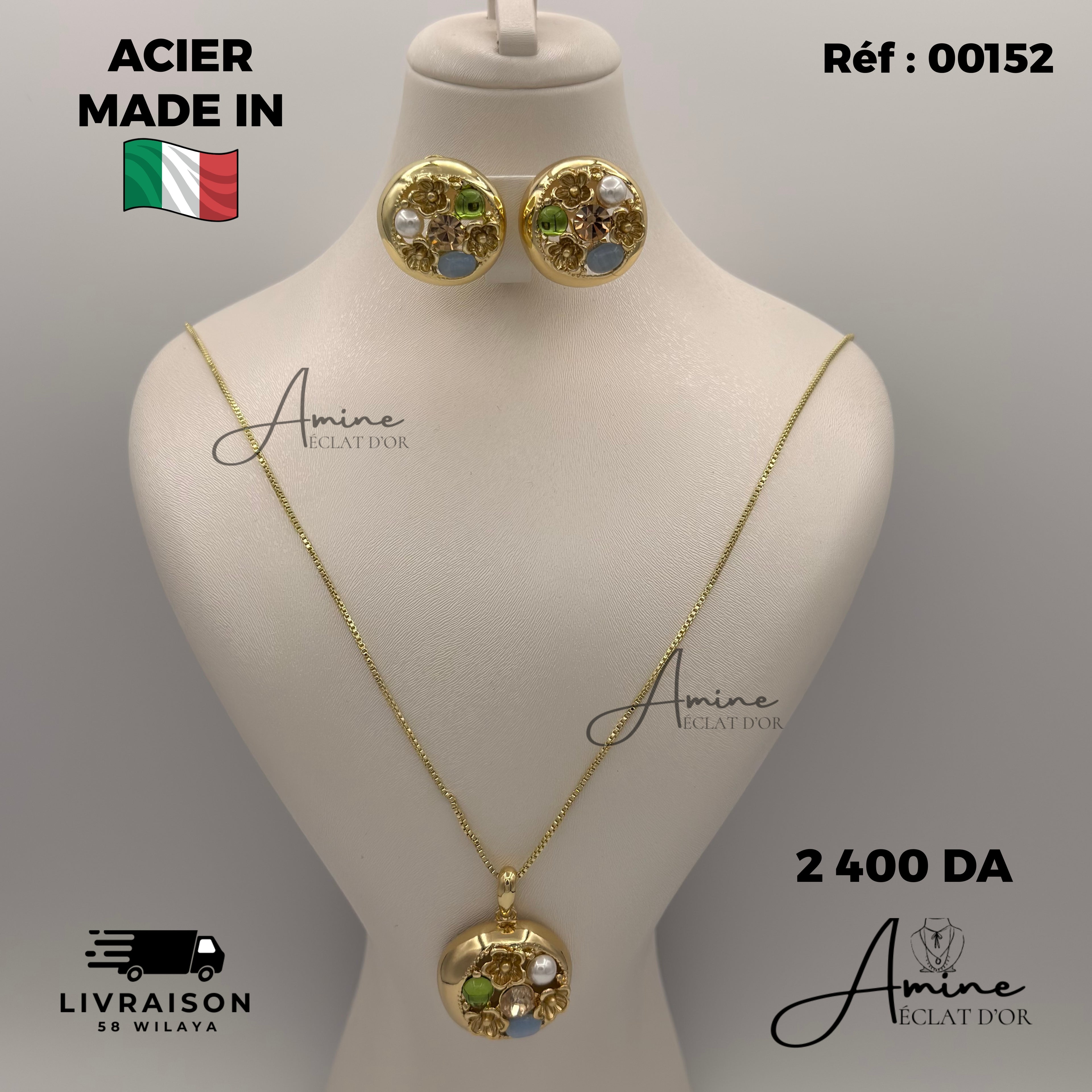 Collier et Boucles D'Oreilles Italien en Acier | Ref: 00152