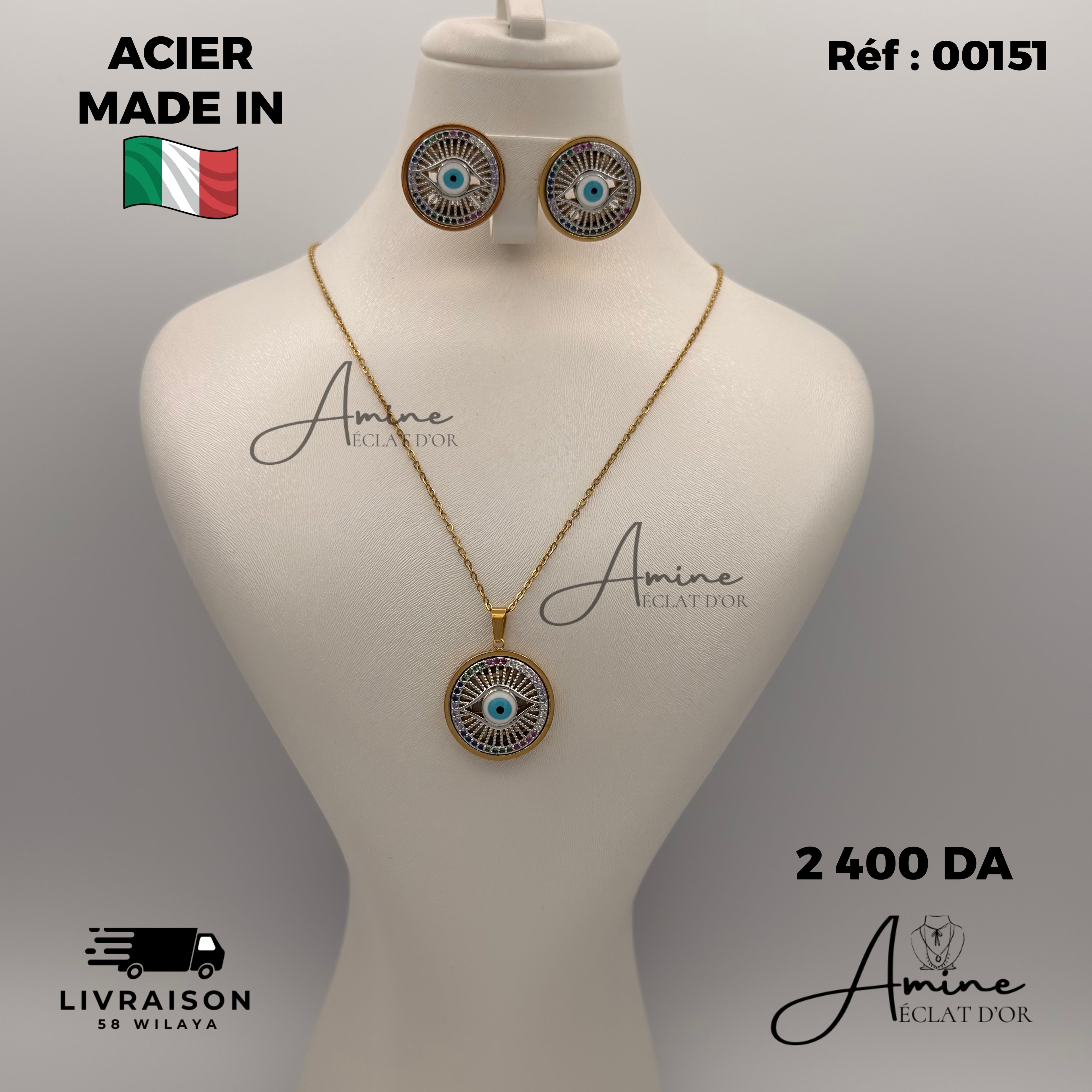 Collier et Boucles D'Oreilles Italien en Acier | Ref: 00153