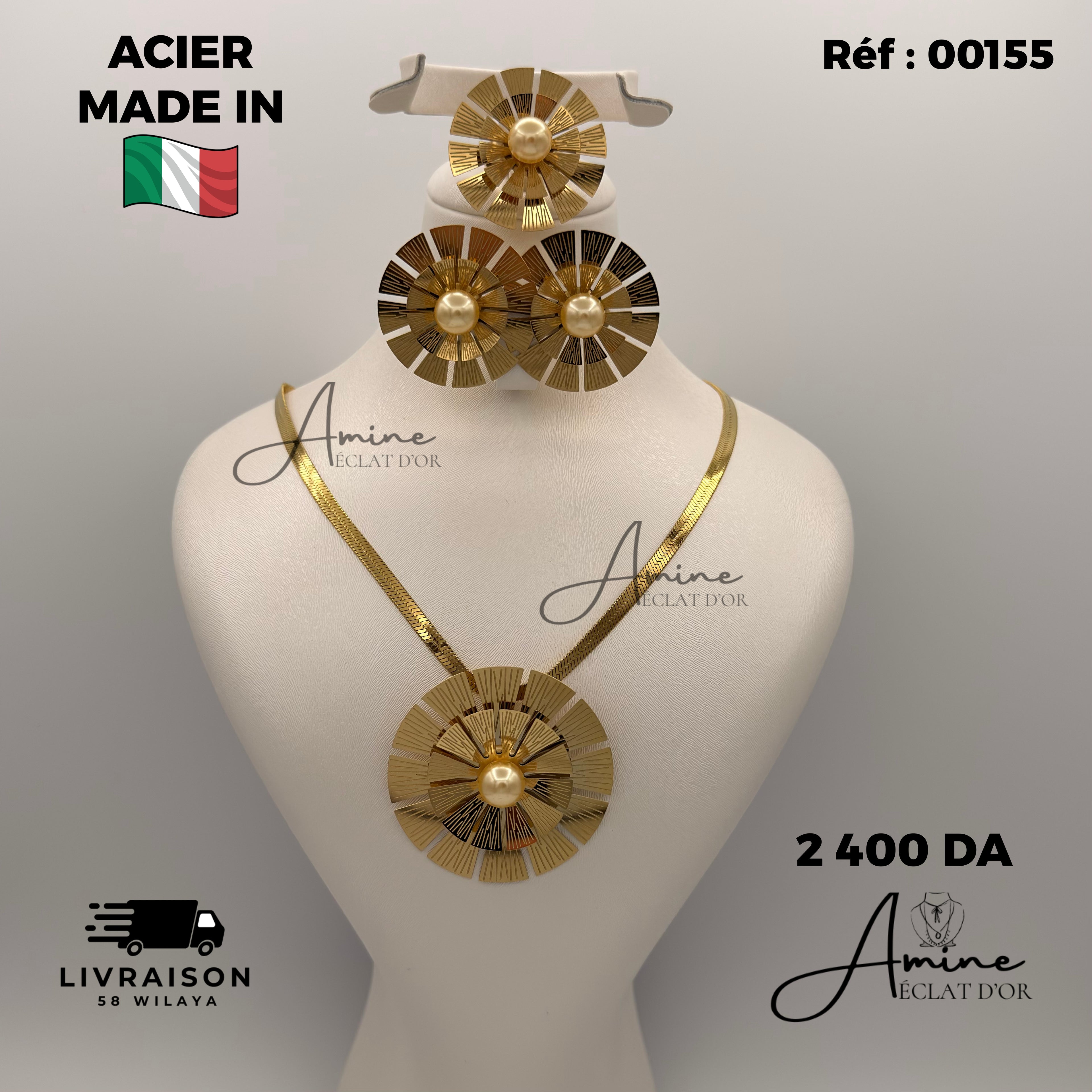 Collier et Boucles D'Oreilles Italien en Acier | Ref: 00155