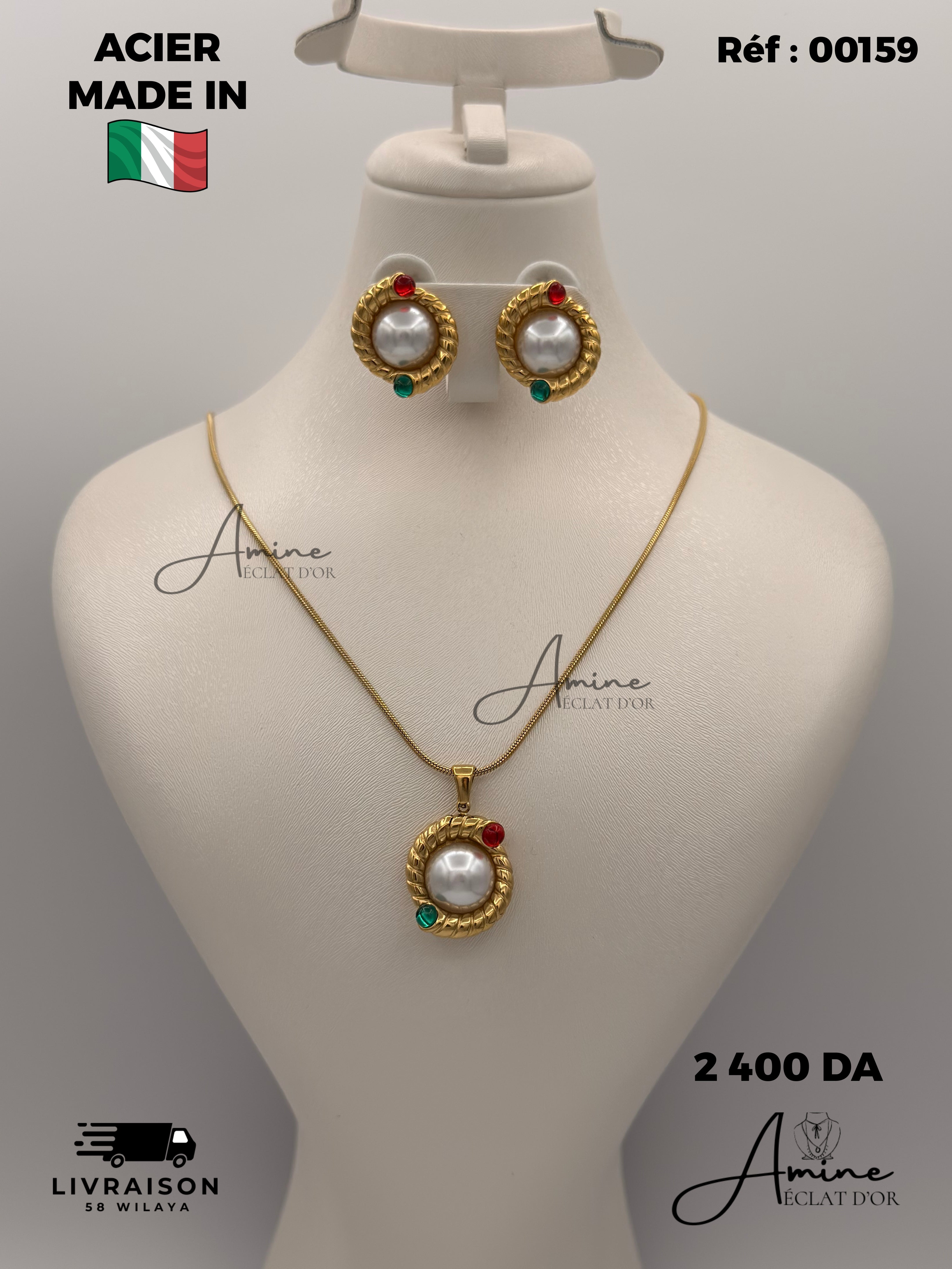 Collier et Boucles D'Oreilles Italien en Acier | Ref: 00159