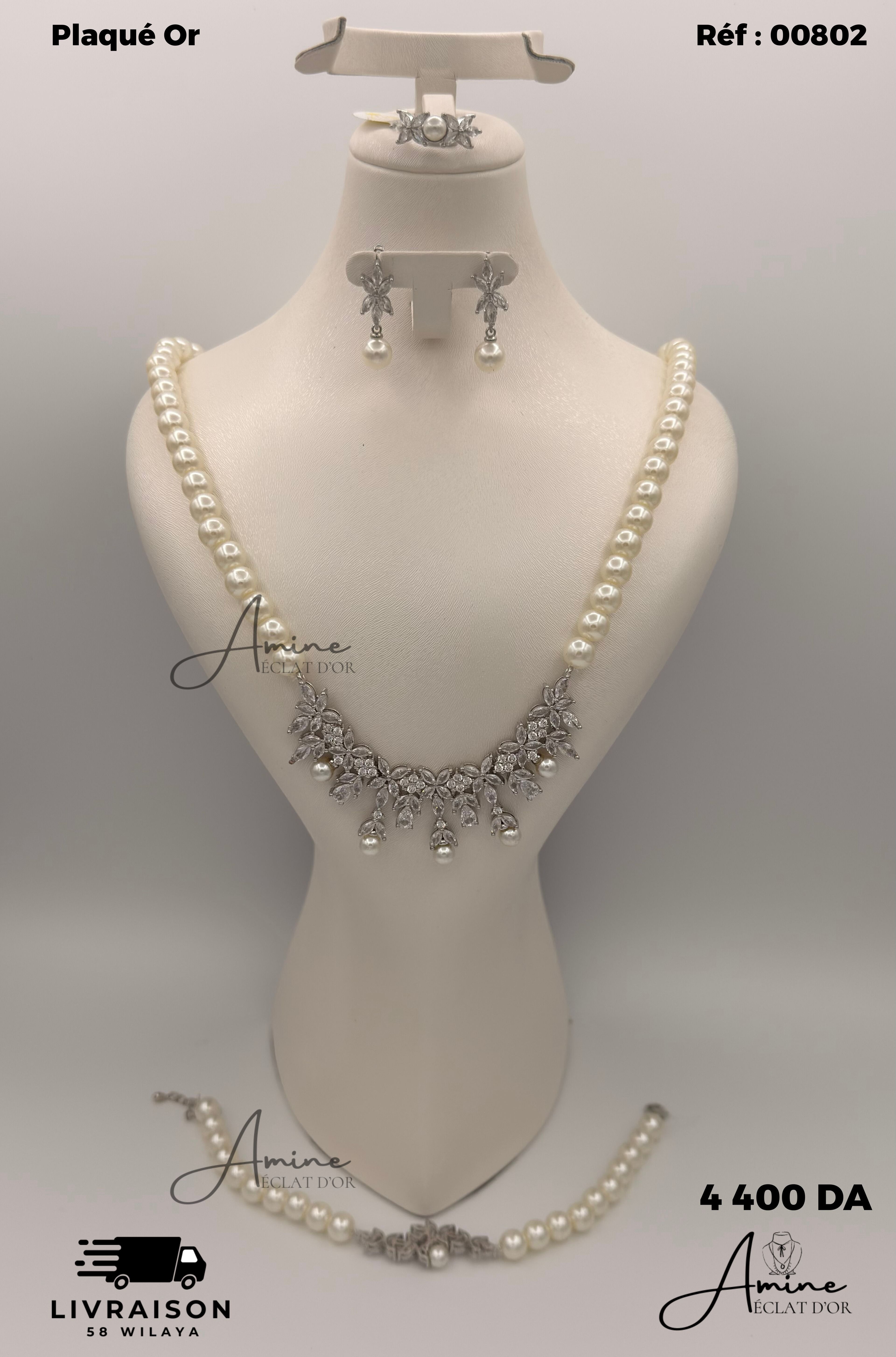 Parure Perle Blanc en Plaqué Or | Ref: 00802