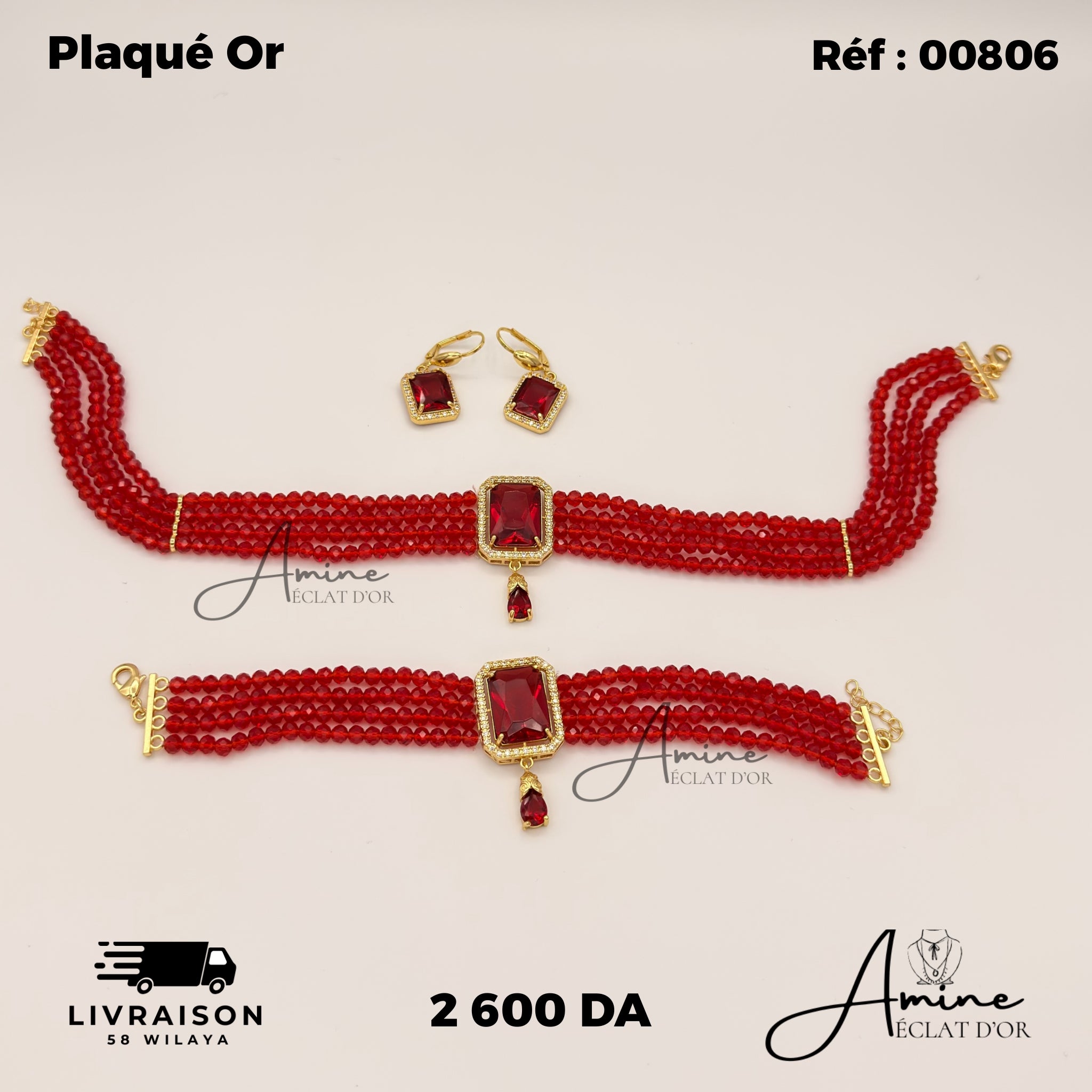 Parure Pierre Rouge en Plaqué Or - Modelé Prestige | Ref: 00806