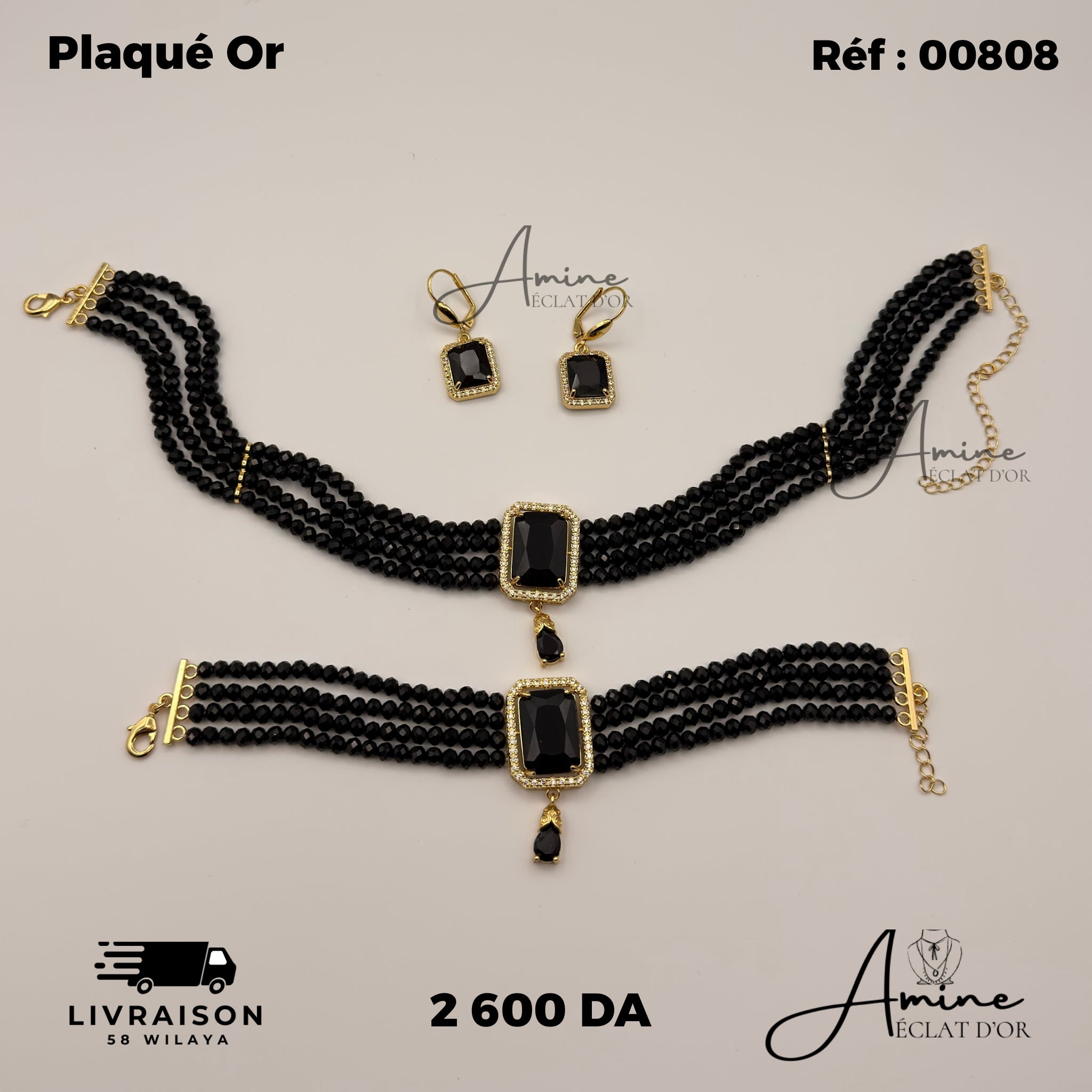 Parure Pierre Noire en Plaqué Or - Modelé Prestige | Ref: 00808